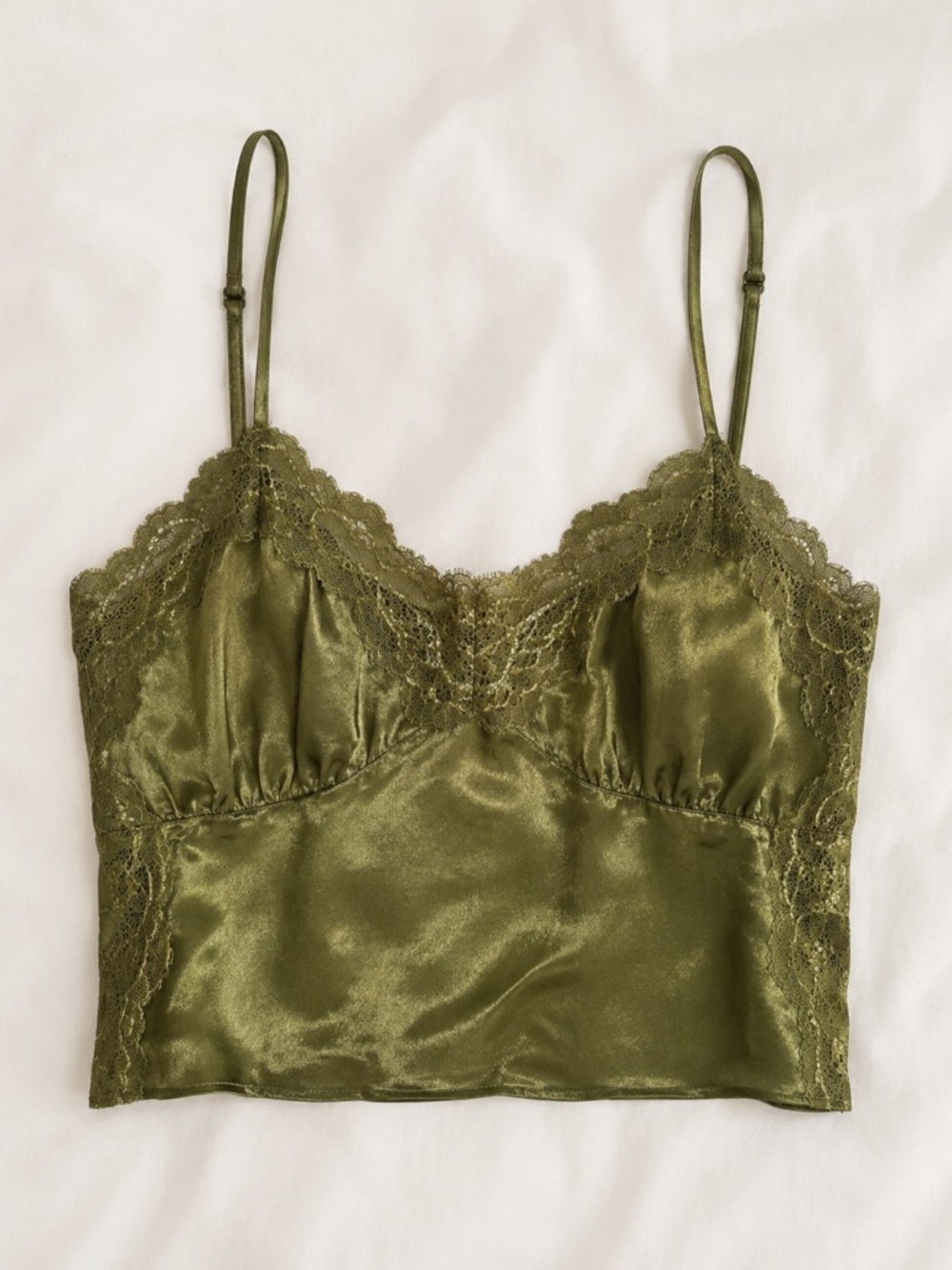 Beverly and Beck Olive Green Satin Lace Cami Crop Top Y2K Night Out